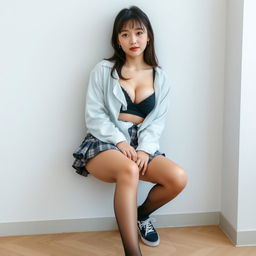 A Korean schoolgirl dressed in a short plaid skirt with ruffles that accentuate her thighs when sitting