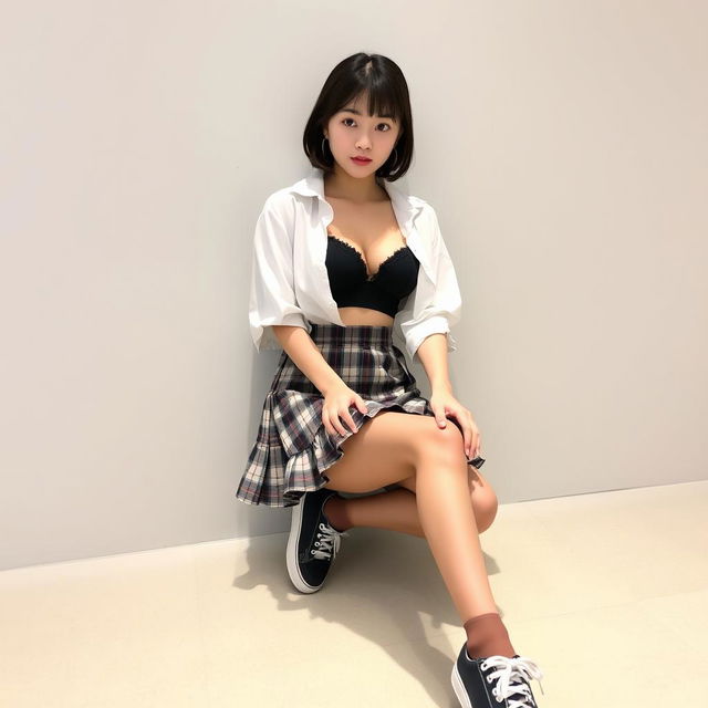 A Korean schoolgirl dressed in a short plaid skirt with ruffles that accentuate her thighs when sitting