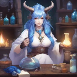 A detailed and vibrant illustration of a female Hrothgar character from Final Fantasy XIV as an alchemist