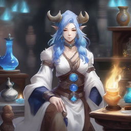 A detailed and vibrant illustration of a female Hrothgar character from Final Fantasy XIV as an alchemist