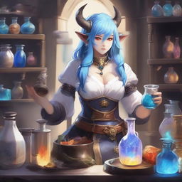 A detailed and vibrant illustration of a female Hrothgar character from Final Fantasy XIV as an alchemist