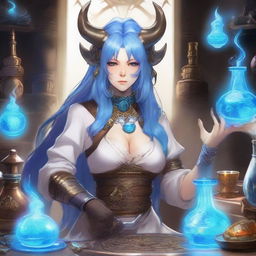 A detailed and vibrant illustration of a female Hrothgar character from Final Fantasy XIV as an alchemist