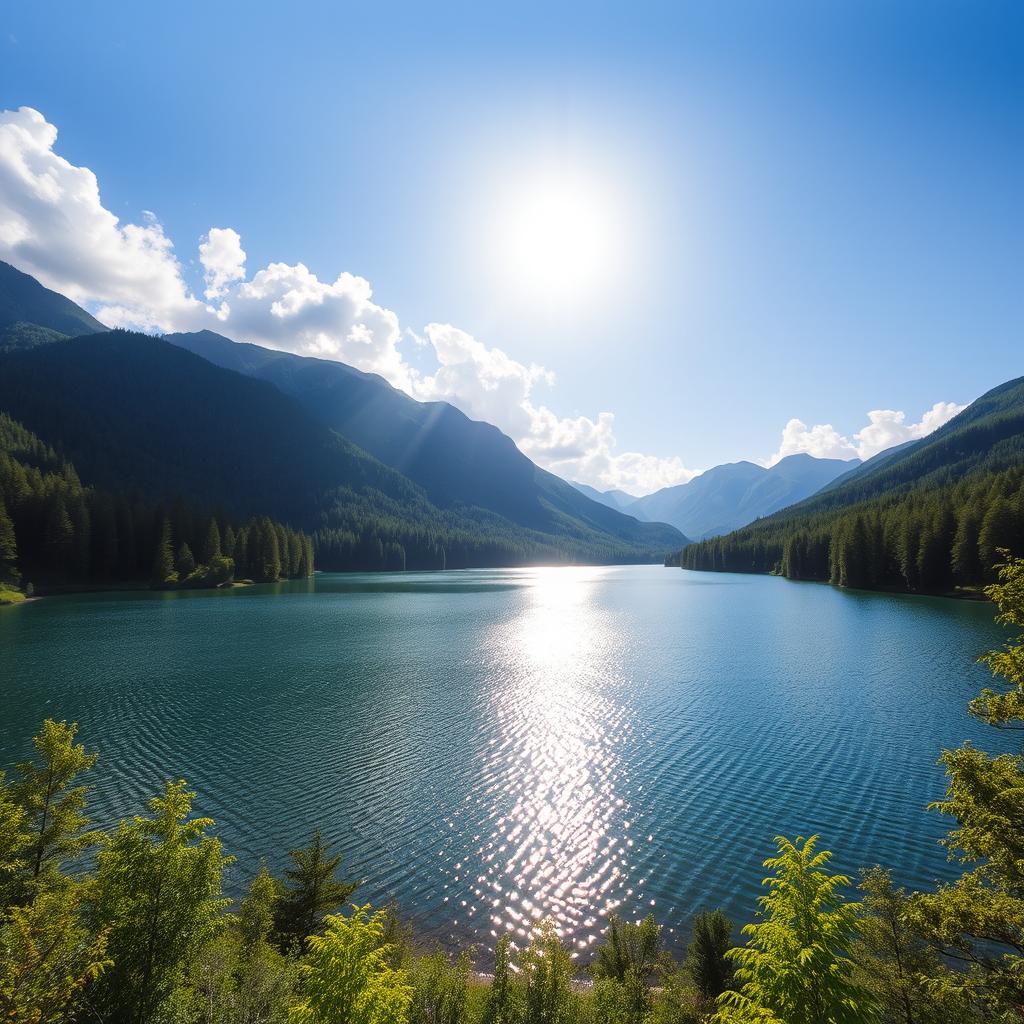 A beautiful landscape featuring a serene lake surrounded by lush green forests and mountains in the background