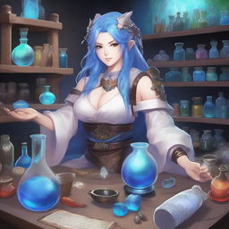 A detailed and vibrant illustration of a female Hrothgar character from Final Fantasy XIV as an alchemist