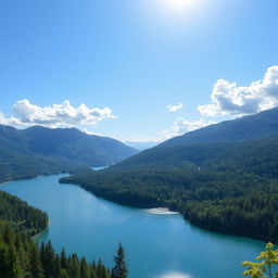 A beautiful landscape featuring a serene lake surrounded by lush green forests and mountains in the background