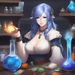 A detailed and vibrant illustration of a female Hrothgar character from Final Fantasy XIV as an alchemist