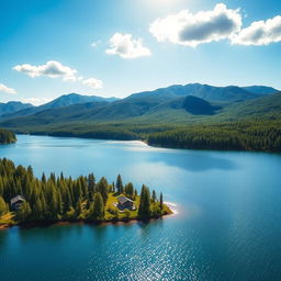 A beautiful landscape featuring a serene lake surrounded by lush green forests and mountains in the background