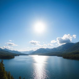 A beautiful landscape featuring a serene lake surrounded by lush green forests and mountains in the background