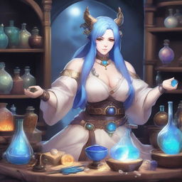 A detailed and vibrant illustration of a female Hrothgar character from Final Fantasy XIV as an alchemist