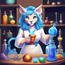 A detailed and vibrant illustration of a female leonine character as an alchemist