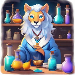 A detailed and vibrant illustration of a female leonine character as an alchemist