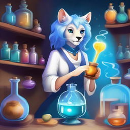 A detailed and vibrant illustration of a female leonine character as an alchemist