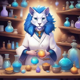 A detailed and vibrant illustration of a female leonine character as an alchemist