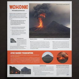 An informative flyer featuring bulleted signs of an impending volcanic eruption. Include iconic volcanic images, urgent color schemes, and easy-to-read fonts. The flyer should have a call-to-action for preparedness.