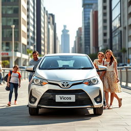 A Toyota Vios car in an urban setting with a family