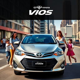 A Toyota Vios car in an urban setting with a family