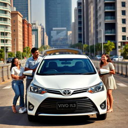 A Toyota Vios car in an urban setting with a family