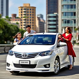 A Toyota Vios car in an urban setting with a family