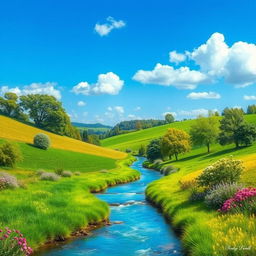 Create a vibrant and colorful image featuring a serene landscape with a clear blue sky, lush green fields, and a gently flowing river