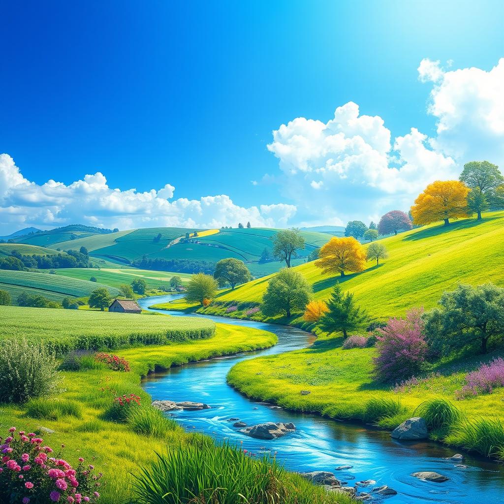 Create a vibrant and colorful image featuring a serene landscape with a clear blue sky, lush green fields, and a gently flowing river