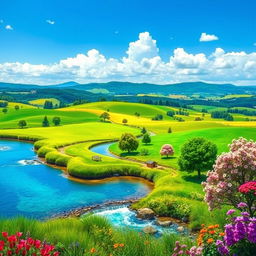 Create a vibrant and colorful image featuring a serene landscape with a clear blue sky, lush green fields, and a gently flowing river