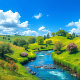 Create a vibrant and colorful image featuring a serene landscape with a clear blue sky, lush green fields, and a gently flowing river