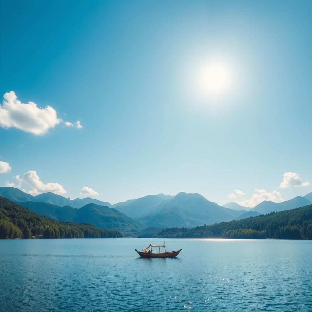 A serene landscape featuring a calm lake surrounded by lush greenery and majestic mountains in the background