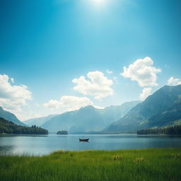 A serene landscape featuring a calm lake surrounded by lush greenery and majestic mountains in the background