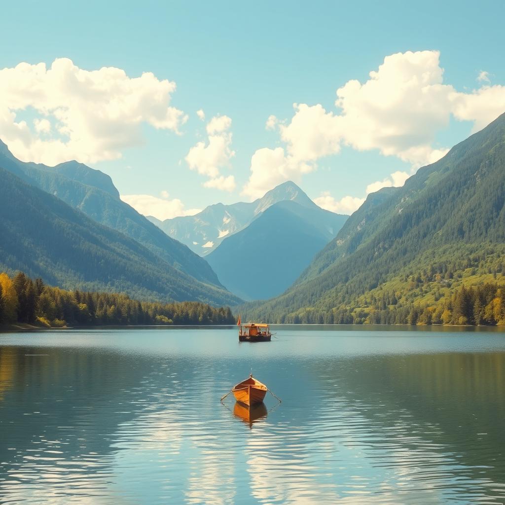 A serene landscape featuring a calm lake surrounded by lush greenery and majestic mountains in the background