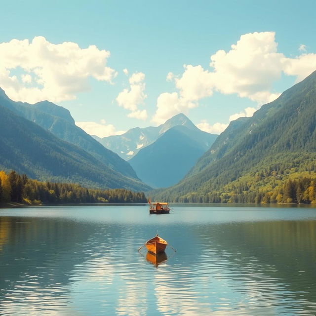 A serene landscape featuring a calm lake surrounded by lush greenery and majestic mountains in the background