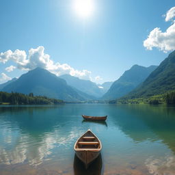 A serene landscape featuring a calm lake surrounded by lush greenery and majestic mountains in the background