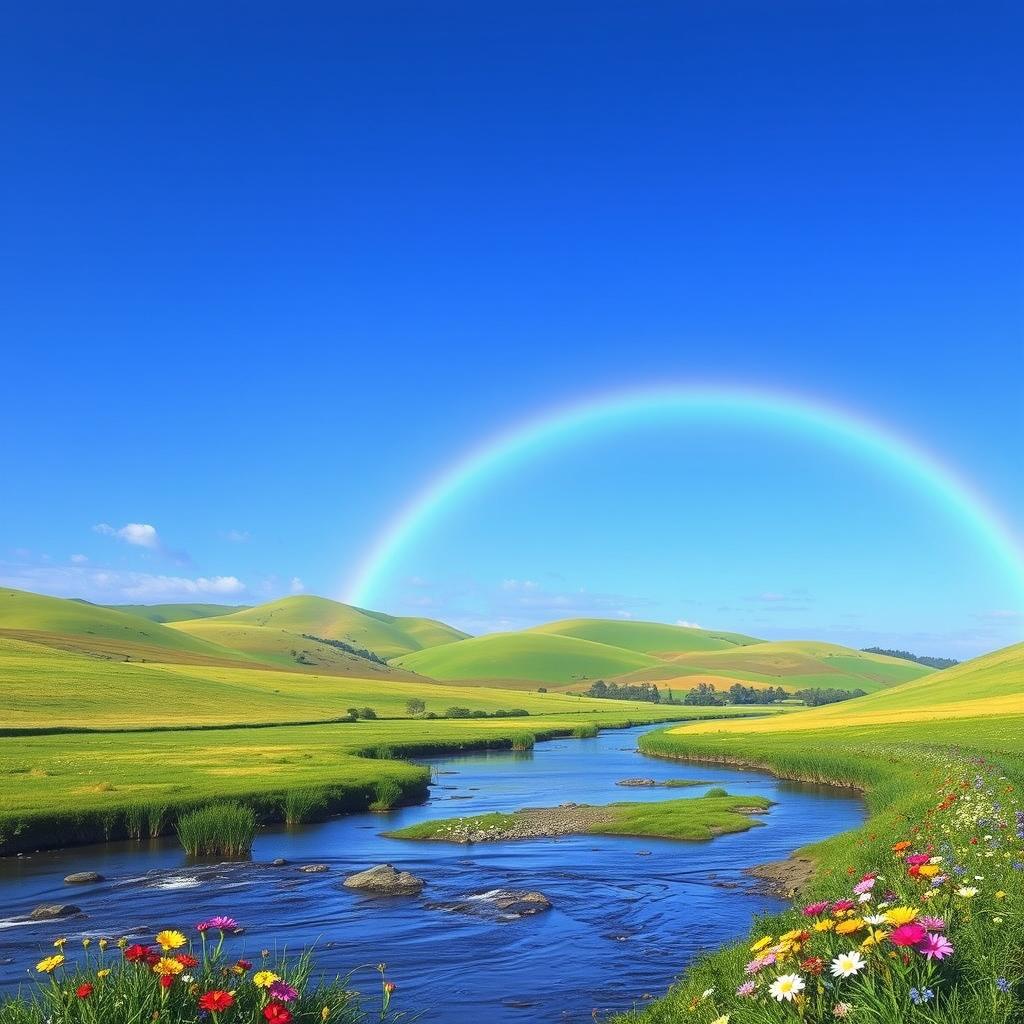 A serene landscape with rolling hills, a clear blue sky, and a vibrant rainbow arcing across the horizon