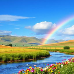 A serene landscape with rolling hills, a clear blue sky, and a vibrant rainbow arcing across the horizon