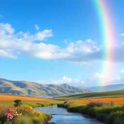 A serene landscape with rolling hills, a clear blue sky, and a vibrant rainbow arcing across the horizon