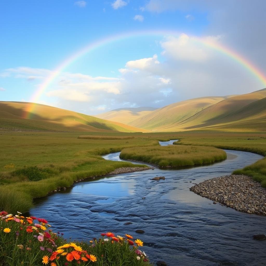 A serene landscape with rolling hills, a clear blue sky, and a vibrant rainbow arcing across the horizon