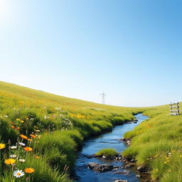 Create a serene landscape featuring a peaceful meadow with colorful flowers, a clear blue sky, and a gentle stream flowing through the scene