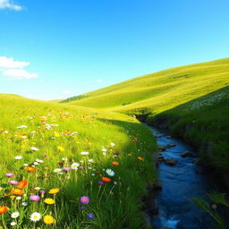 Create a serene landscape featuring a peaceful meadow with colorful flowers, a clear blue sky, and a gentle stream flowing through the scene