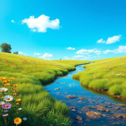 Create a serene landscape featuring a peaceful meadow with colorful flowers, a clear blue sky, and a gentle stream flowing through the scene