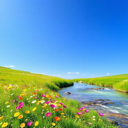 Create a serene landscape featuring a peaceful meadow with colorful flowers, a clear blue sky, and a gentle stream flowing through the scene