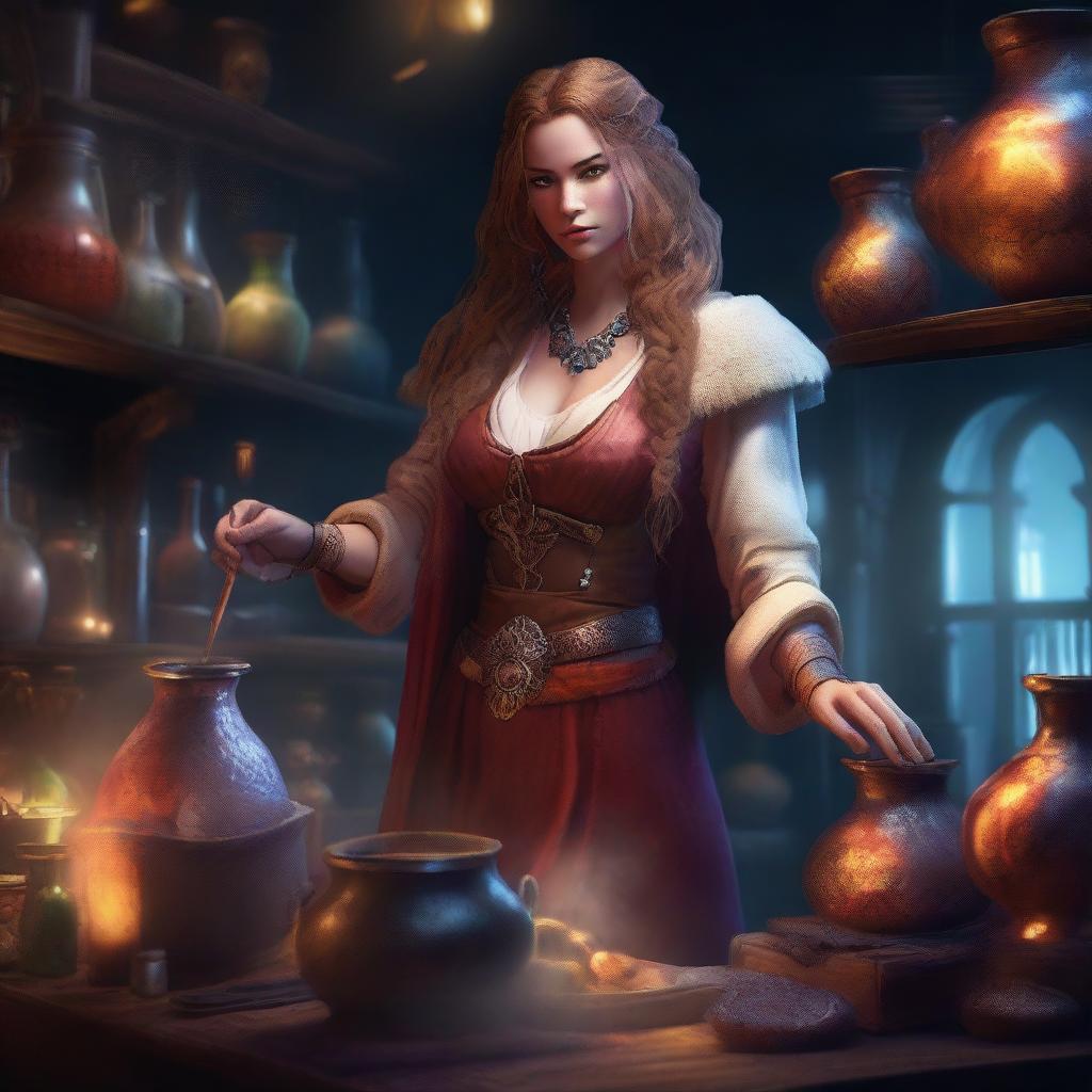 A female Hrothgar alchemist standing in a mystical laboratory filled with bubbling potions, ancient tomes, and magical artifacts