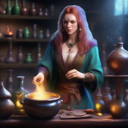 A female Hrothgar alchemist standing in a mystical laboratory filled with bubbling potions, ancient tomes, and magical artifacts