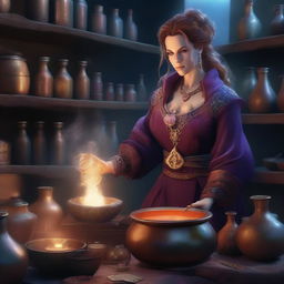 A female Hrothgar alchemist standing in a mystical laboratory filled with bubbling potions, ancient tomes, and magical artifacts