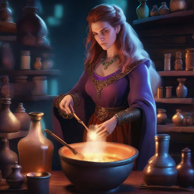 A female Hrothgar alchemist standing in a mystical laboratory filled with bubbling potions, ancient tomes, and magical artifacts