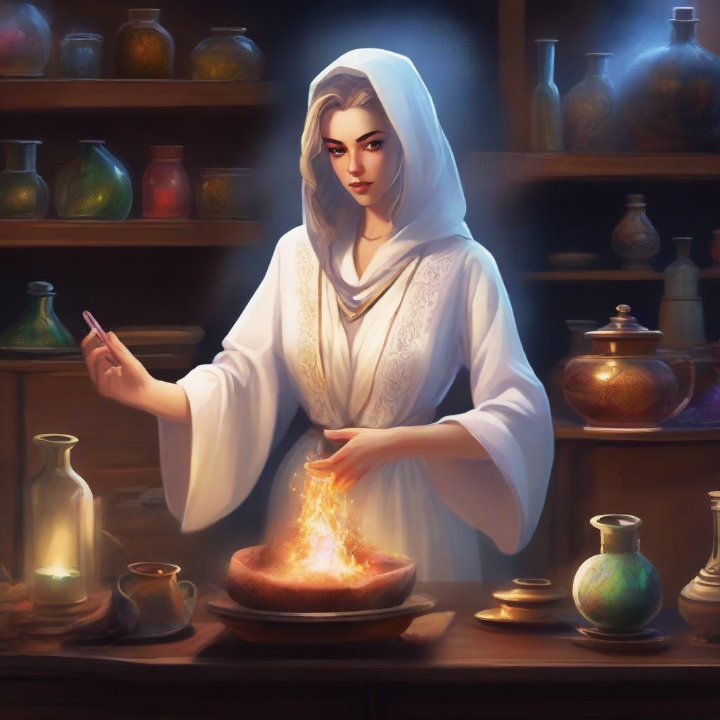 A female leonine alchemist dressed in a pristine white robe, standing in a mystical laboratory