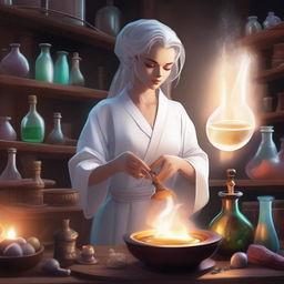 A female leonine alchemist dressed in a pristine white robe, standing in a mystical laboratory