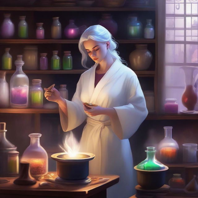 A female leonine alchemist dressed in a pristine white robe, standing in a mystical laboratory