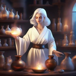 A female leonine alchemist dressed in a pristine white robe, standing in a mystical laboratory