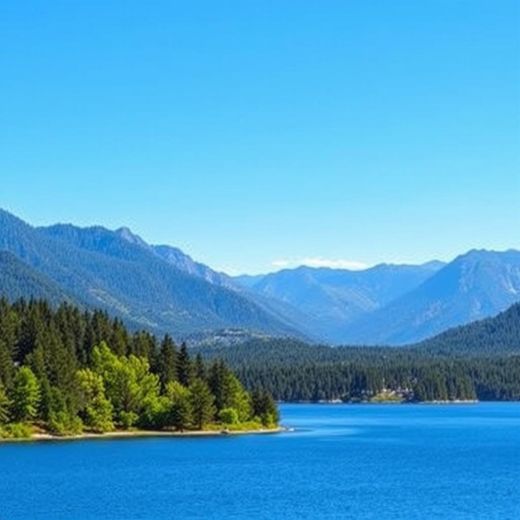 A beautiful landscape featuring a serene lake surrounded by lush green trees and mountains in the background under a clear blue sky