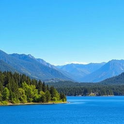 A beautiful landscape featuring a serene lake surrounded by lush green trees and mountains in the background under a clear blue sky