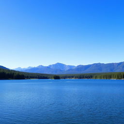 A beautiful landscape featuring a serene lake surrounded by lush green trees and mountains in the background under a clear blue sky